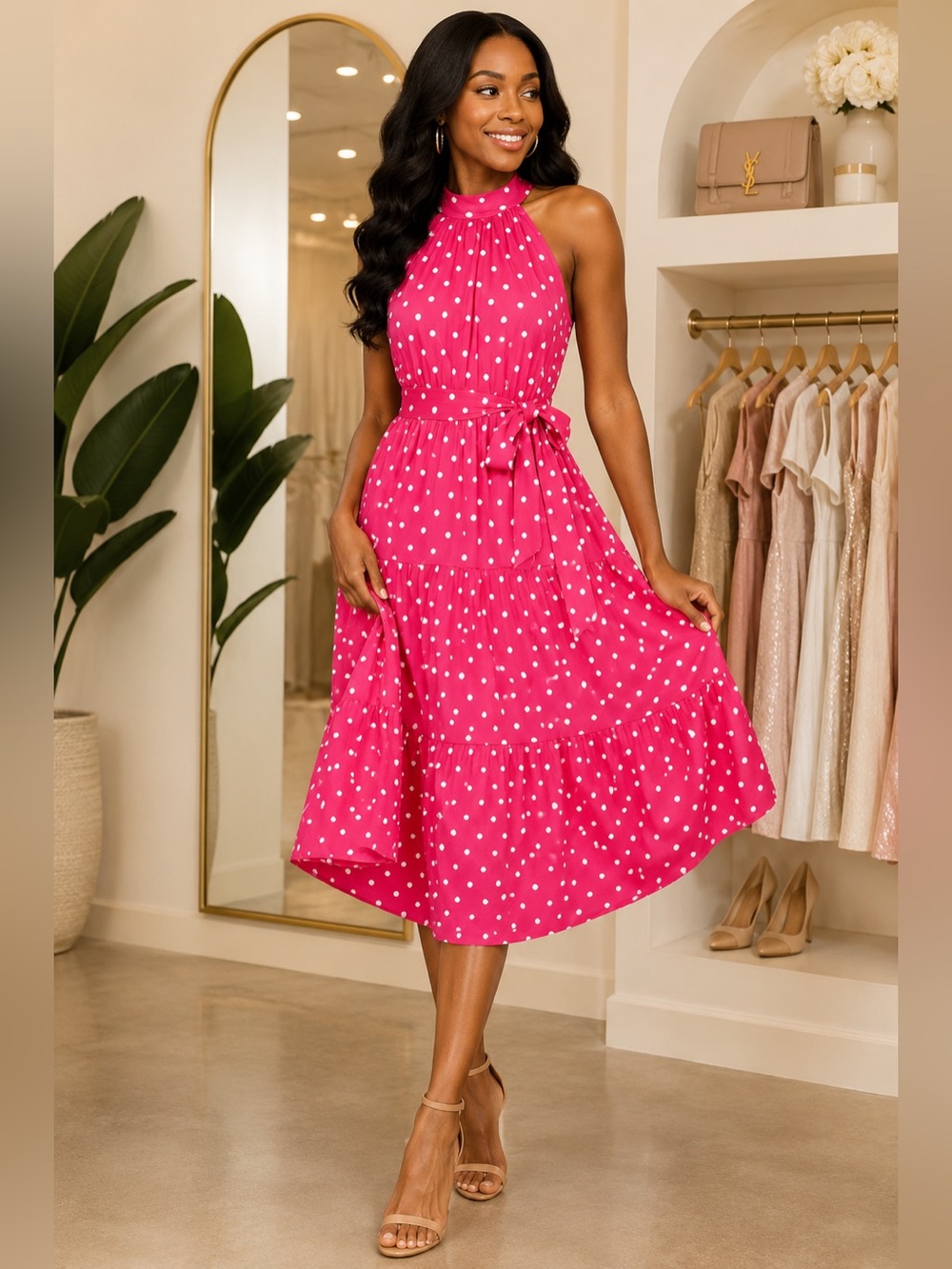Magenta Polka Dot Halter Midi Tiered Waist Tie Dress | Statement Summer Dress